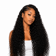 Three bundles of Brazilian Water Wave hair from Her Hair Company, showing long, wavy hair extensions arranged together.