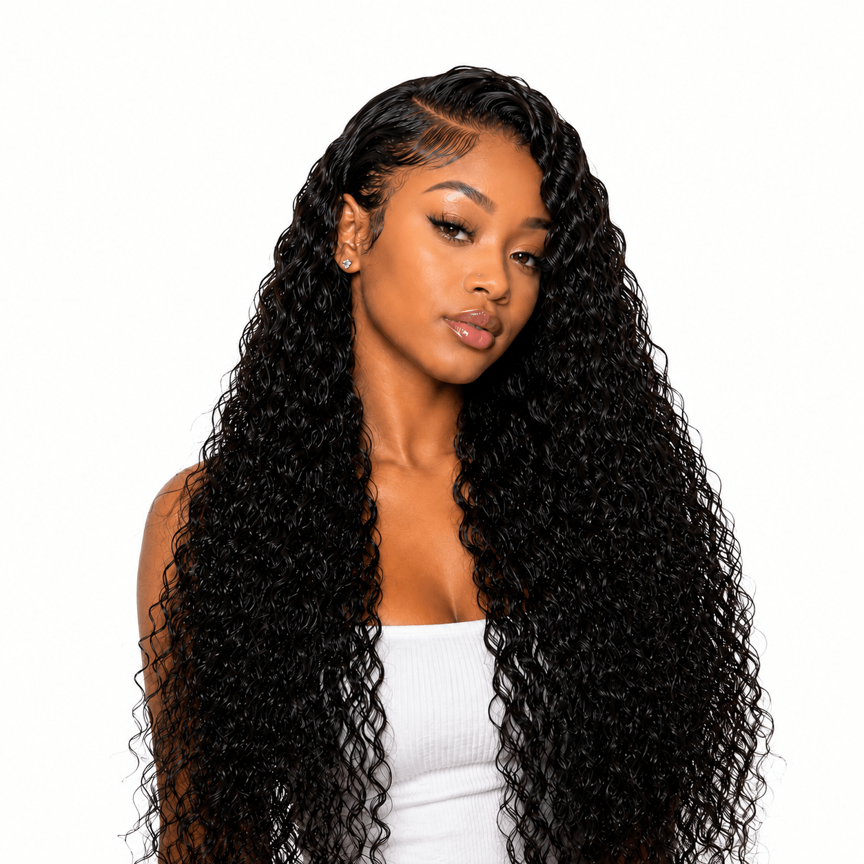 Three bundles of Brazilian Water Wave hair from Her Hair Company, showing long, wavy hair extensions arranged together.
