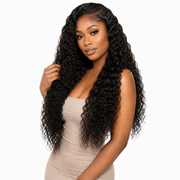 Brazilian Water Wave hair bundles from Her Hair Company, showing four natural, wavy hair bundles in a standard bundle set.