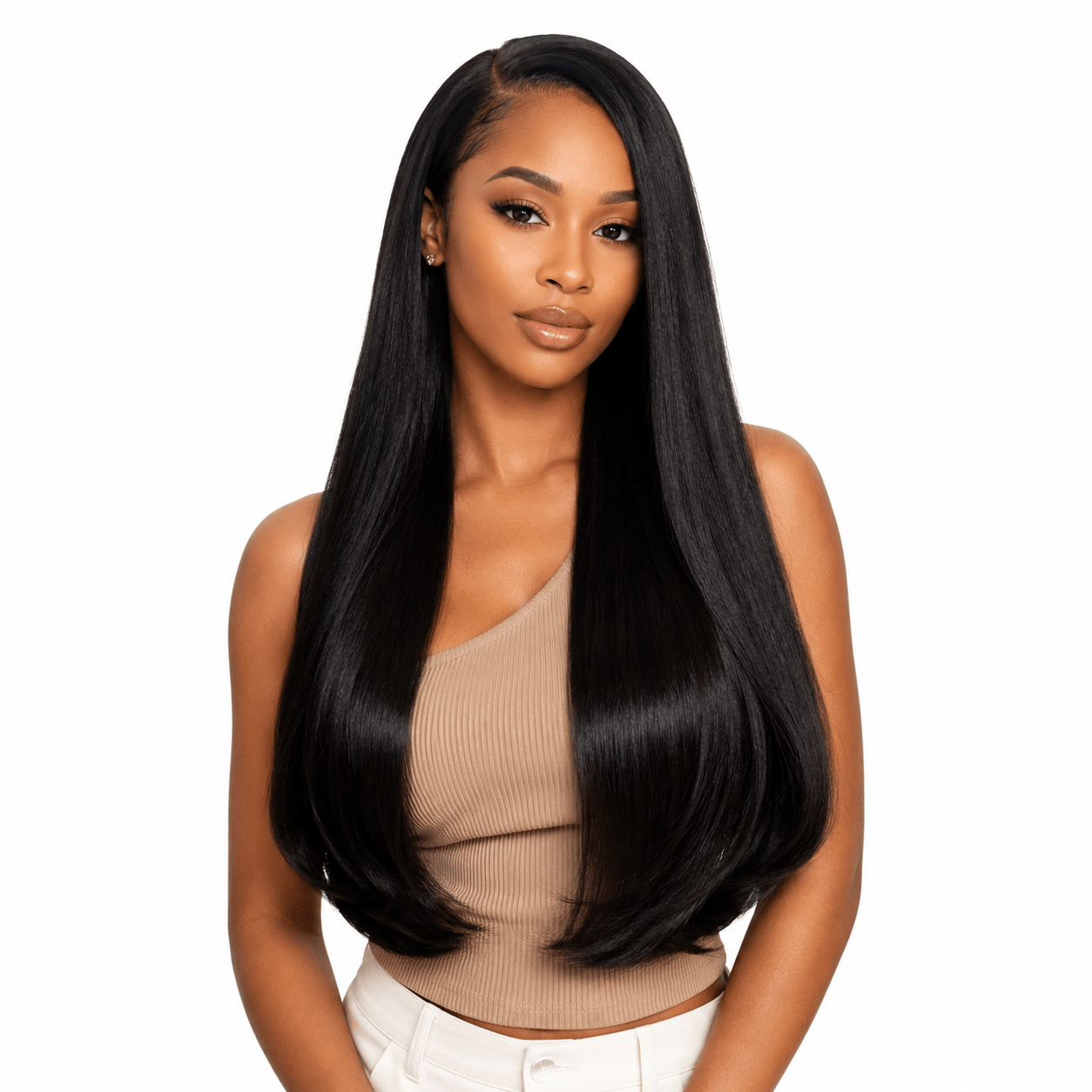 Three bundles of Brazilian double drawn hair from Her Hair Company, showcasing thick, full hair extensions in a standard bundle set.