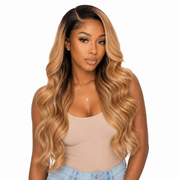Honey blonde Swiss HD lace wig from Her Hair Company with smooth, natural-looking hair and intricate lace detailing.