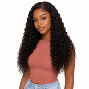 Brazilian deep wave 5x5 HD lace closure from Her Hair Company, showcasing the natural wavy texture and lace front detail.