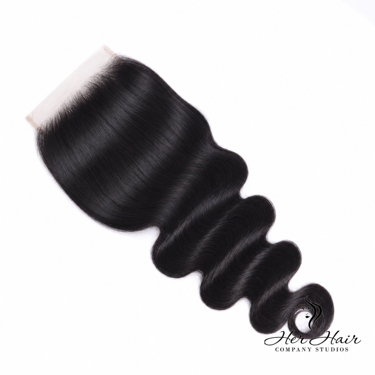 Her Hair Company Brazilian Body Wave 4x4 HD lace closure with natural waves and detailed lace front for seamless hairline.