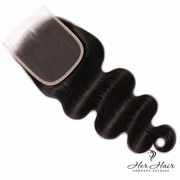 Brazilian Body Wave 5x5 HD lace closure by Her Hair Company, showcasing natural wave pattern and seamless lace detail.