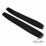 Straight Brazilian Tape-In hair extensions by Her Hair Company, displayed in a natural, sleek style.