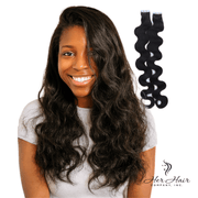 Straight Brazilian Tape-In hair extensions by Her Hair Company, showcasing the seamless, natural-looking tape-in hair extension style.