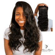 Straight Brazilian Tape-In hair extensions by Her Hair Company, showing sleek, seamless hair attachment with tape-in wefts.