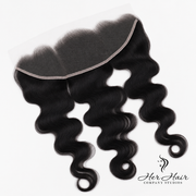 Brazilian Body Wave 13x6 HD lace frontal from Her Hair Company, showcasing natural wave pattern and lace detail.