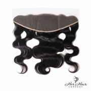Brazilian Body Wave 13x6 HD lace frontal by Her Hair Company, showing the natural wavy hair and lace frontal detail.