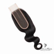 Brazilian Body Wave 2x6 HD lace closure by Her Hair Company, showcasing natural wave pattern and transparent lace material.