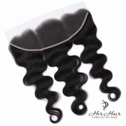 Her Hair Company Brazilian Body Wave 13x4 HD lace frontal showing intricate lace detail and natural wave pattern on a frontal.
