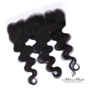 Brazilian Body Wave 13x4 HD lace frontal by Her Hair Company, showing the natural wave pattern and transparent lace detail.