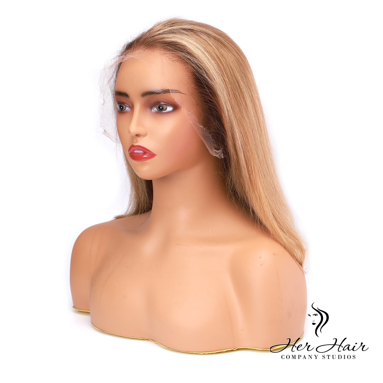 Honey blonde with dark root bob wig from Her Hair Company, showing the layered hairstyle and natural shine.