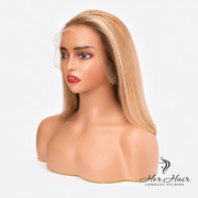 Honey Blonde Swiss HD Bob Wig with dark roots by Her Hair Company, showcasing a sleek, straight hairstyle with natural shine.