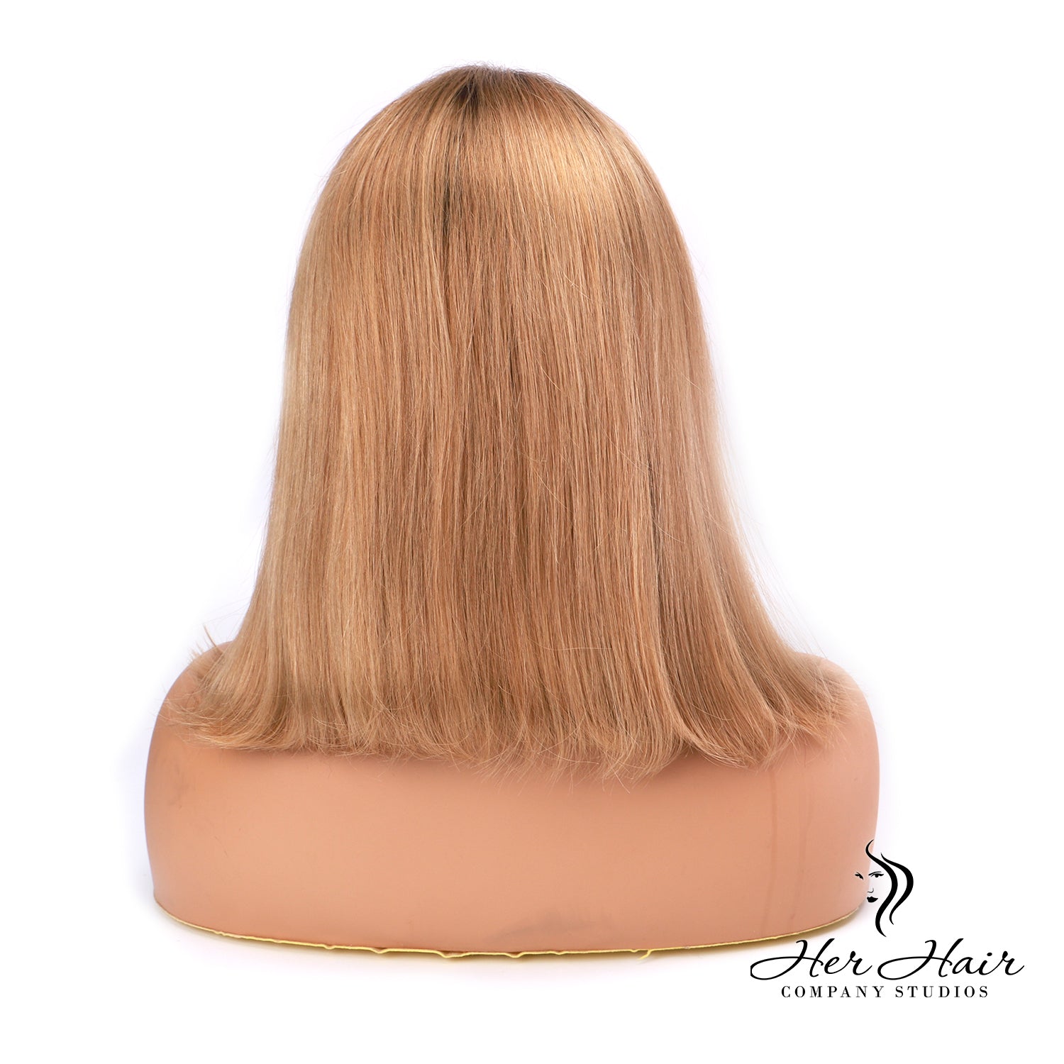 Honey blonde with dark root bob wig from Her Hair Company, showcasing straight, shoulder-length hair with a sleek style.