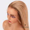 Honey blonde Swiss HD bob wig with dark roots from Her Hair Company, showcasing sleek, straight hair and natural volume.