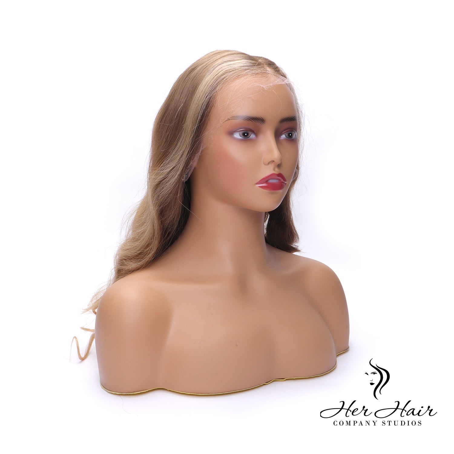 Honey blonde wig with dark roots, regular length, styled for a natural look, by Her Hair Company.