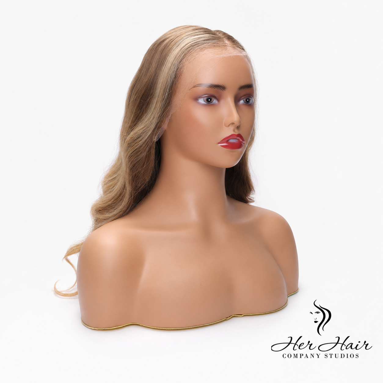 Honey blonde Swiss HD lace wig by Her Hair Company with dark roots, showcasing silky straight hair and natural hairline.