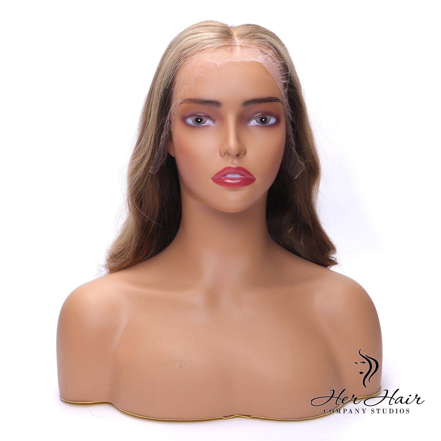 Honey blonde wig with dark roots from Her Hair Company, showcasing long, straight hair with natural-looking color transition.