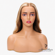 Honey blonde Swiss HD lace wig by Her Hair Company featuring dark roots and long, straight hair style.