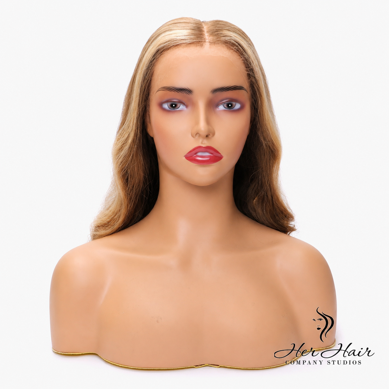 Honey blonde Swiss HD lace wig by Her Hair Company featuring dark roots and long, straight hair style.