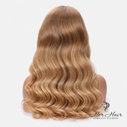 Honey blonde Swiss HD lace wig by Her Hair Company featuring dark roots and straight hair, 20 inches long.