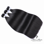 Three bundles of Brazilian straight hair from Her Hair Company, showing smooth, shiny, and natural-looking hair extensions.