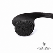 Brazilian straight hair bundles from Her Hair Company, three 10-inch standard bundles with sleek, straight hair for natural style.