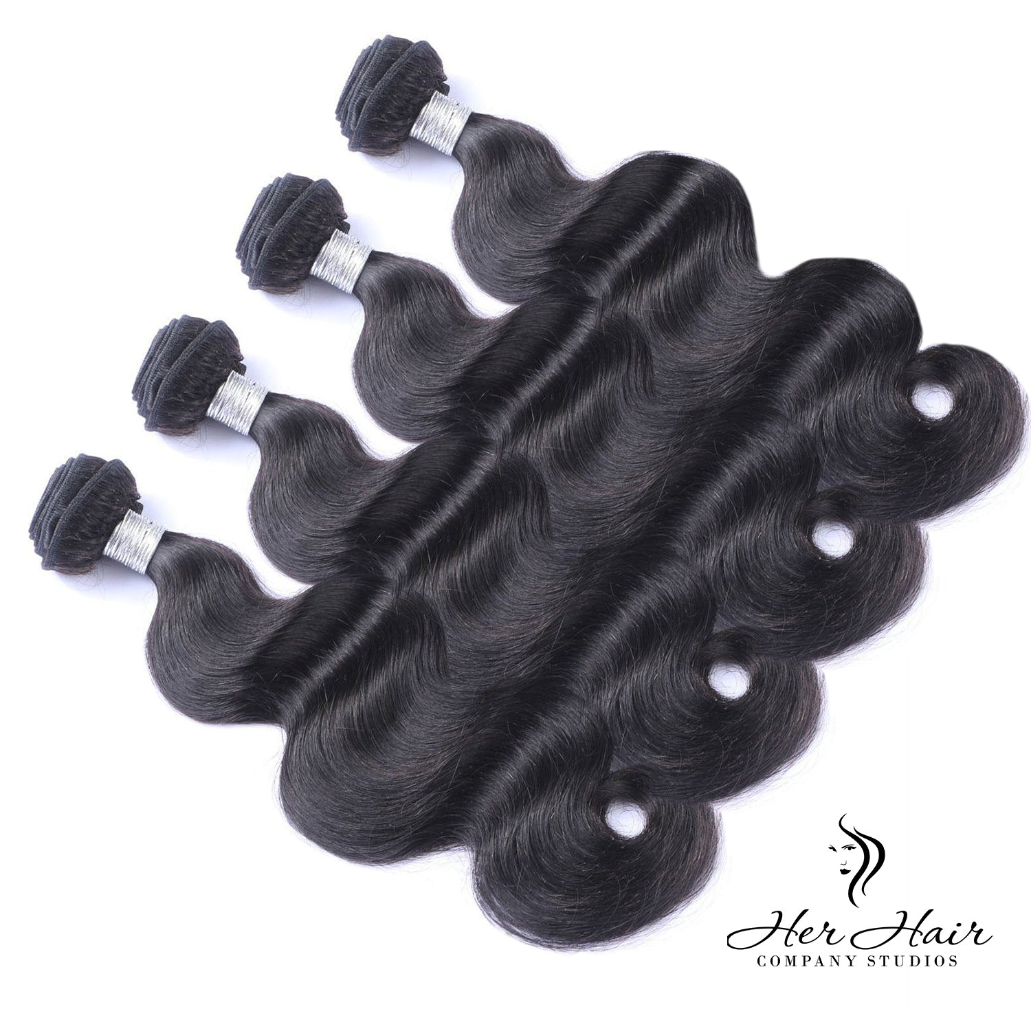 Brazilian Body Wave Hair 4 Bundle Deal from Her Hair Company, showing the natural wavy texture of the bundled hair extensions.