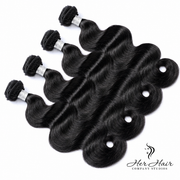 Brazilian Body Wave Hair 4 Bundle Deal from Her Hair Company, showing four bundles of wavy hair in natural black color.