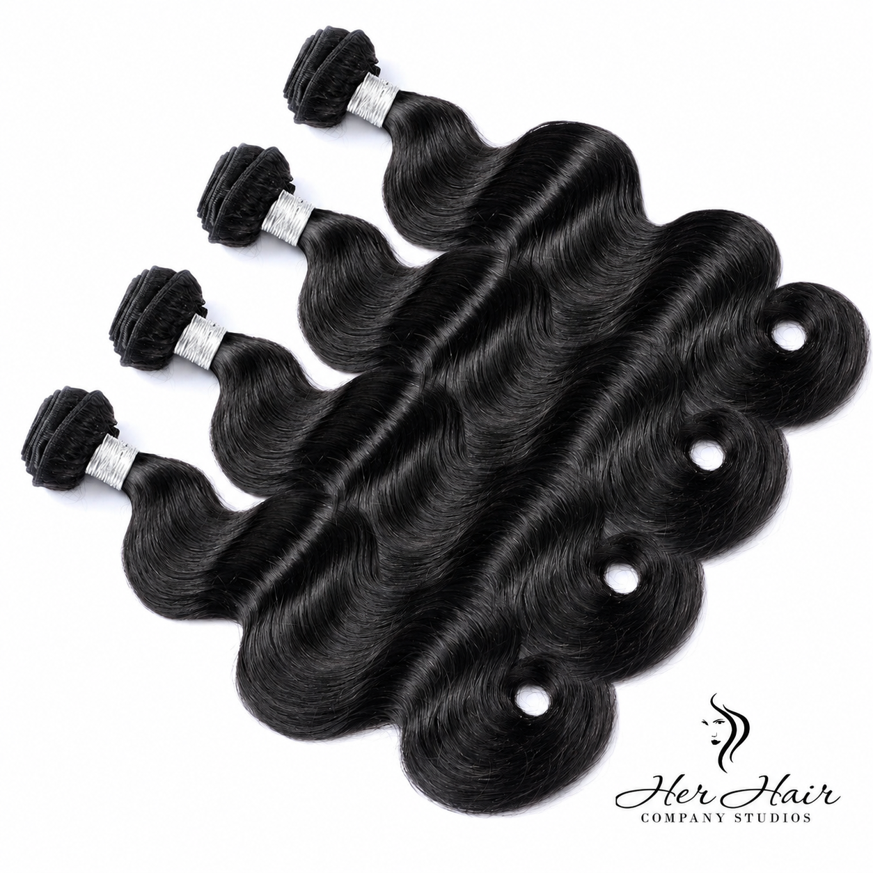 Brazilian Body Wave Hair 4 Bundle Deal from Her Hair Company, showing four bundles of wavy hair in natural black color.