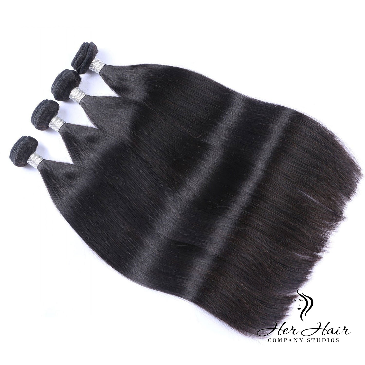 Brazilian straight hair bundles from Her Hair Company, four-pack standard bundle with smooth, shiny, straight hair extensions.