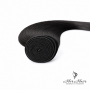 Brazilian straight hair bundles from Her Hair Company, featuring four bundles in 10, 12, 14, and 16 inches.