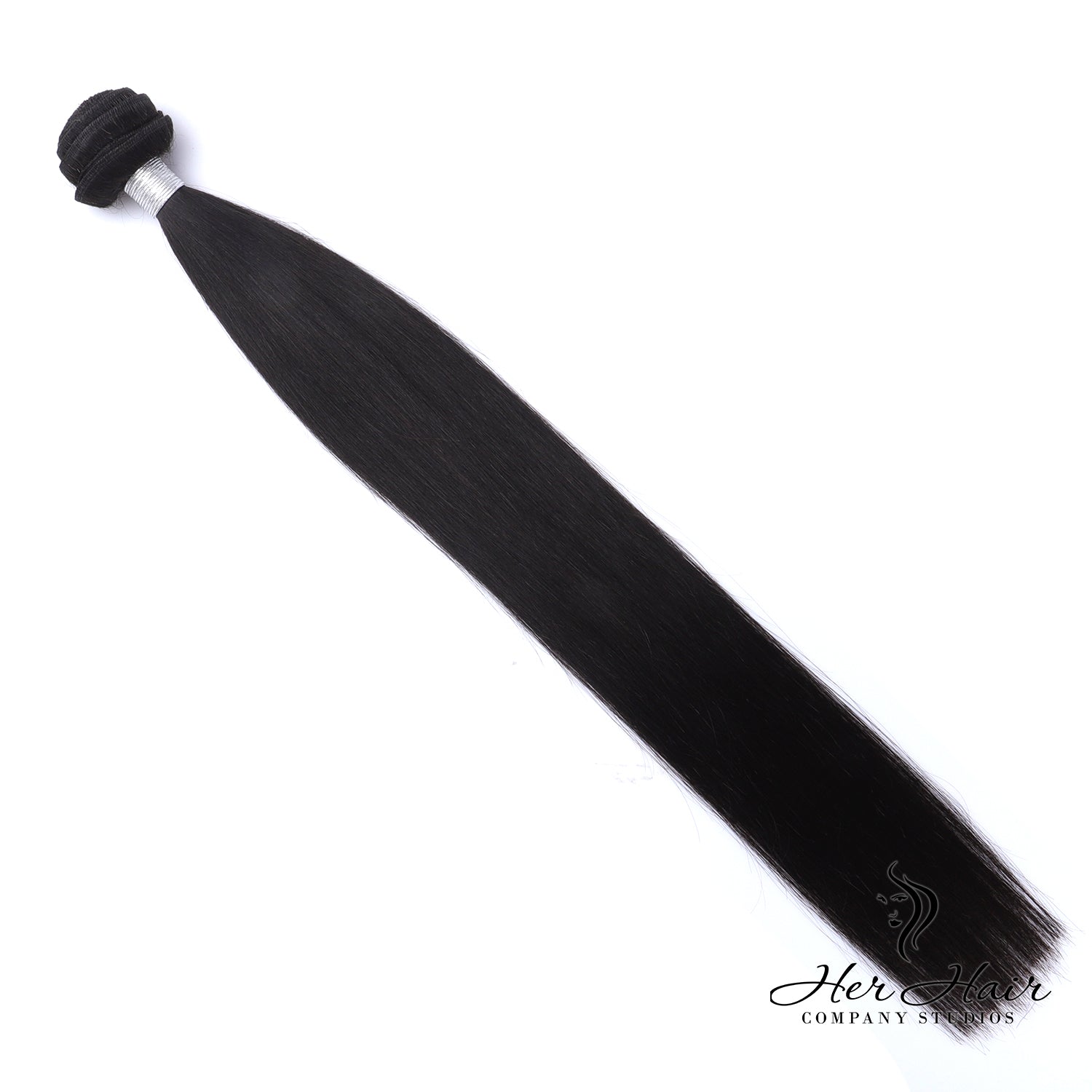 Brazilian straight hair bundle from Her Hair Company, showing a full, smooth, straight hairstyle in a standard hair bundle.