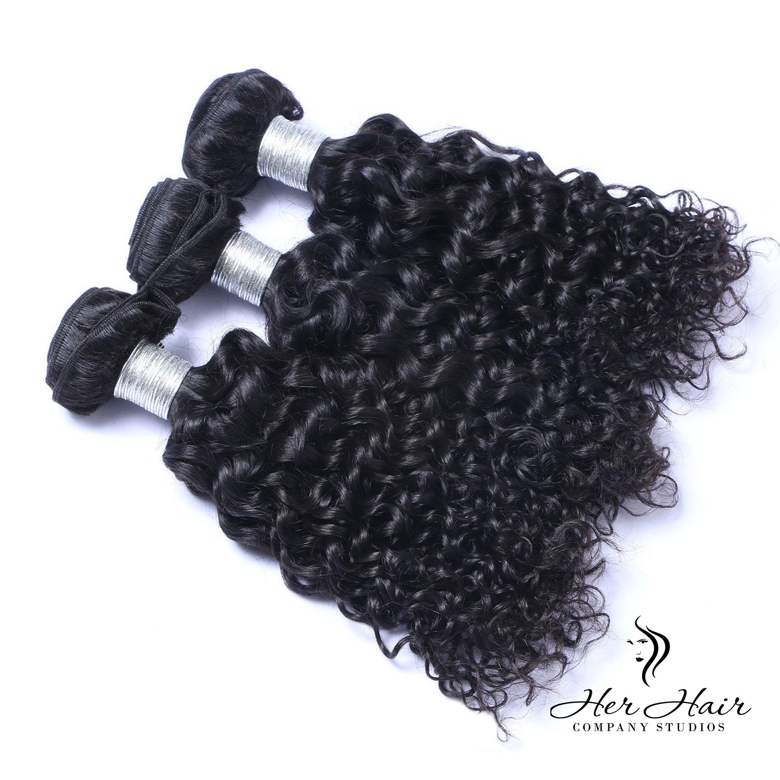 Three bundles of Brazilian Deep Curly Hair from Her Hair Company, showcasing thick, natural-looking curly hair bundles.