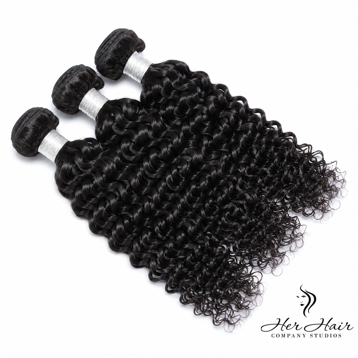 Brazilian deep curly hair bundles from Her Hair Company, three natural 12-inch bundles in a standard bundle deal.