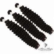 Three bundles of Brazilian Deep Wave Hair from Her Hair Company, showing the textured, wavy hair bundles laid out together.