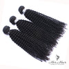 Three bundles of Brazilian kinky curly hair from Her Hair Company, showcasing thick, natural curly hair textures.