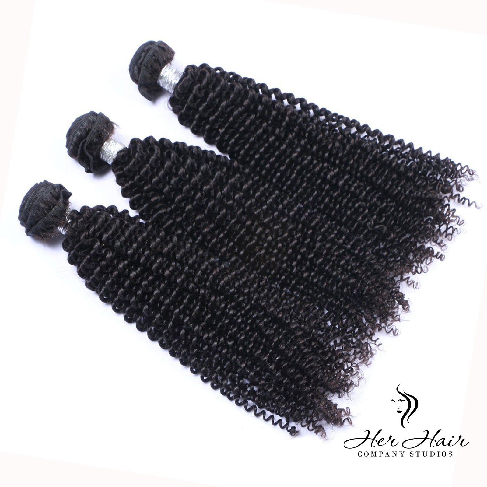 Three bundles of Brazilian kinky curly hair from Her Hair Company shown, showcasing thick, tight curly textures.