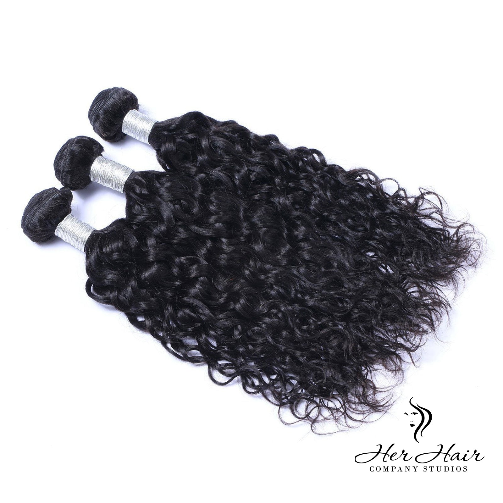 Three bundles of Brazilian wavy hair from Her Hair Company, showing the natural wavy texture and full bundle appearance.