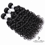 Brazilian wavy hair bundles from Her Hair Company, three natural 12-inch bundles in a standard bundle deal.