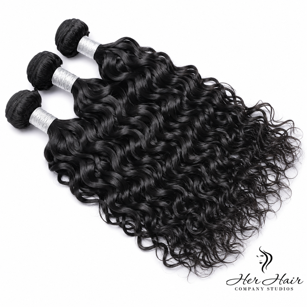 Brazilian wavy hair bundles from Her Hair Company, three natural 12-inch bundles in a standard bundle deal.