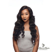 Three bundles of Burmese Raw Body Wave Hair by Her Hair Company, showing the natural wavy texture and full bundle appearance.