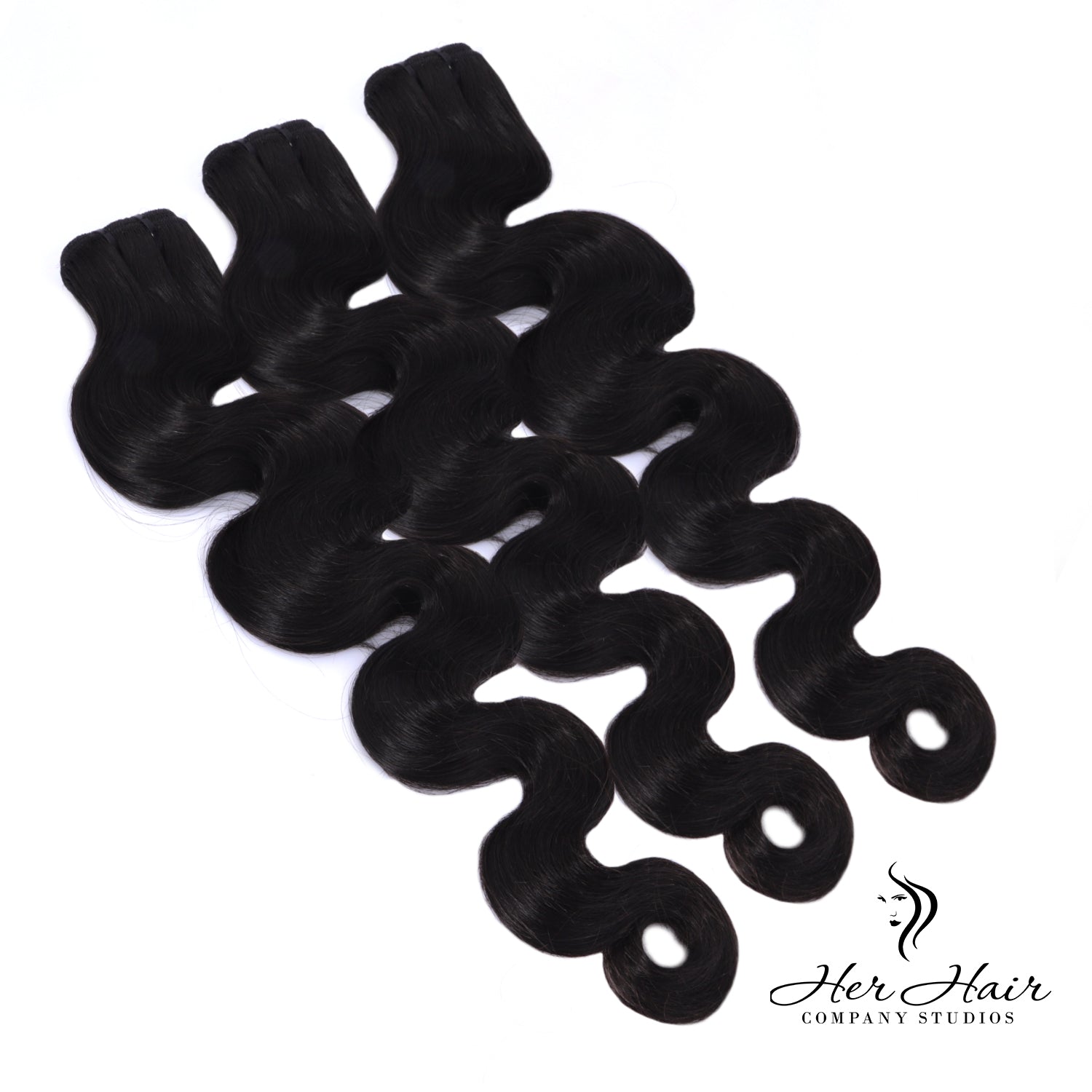 Three bundles of Burmese raw body wave hair from Her Hair Company displayed in a standard bundle set.