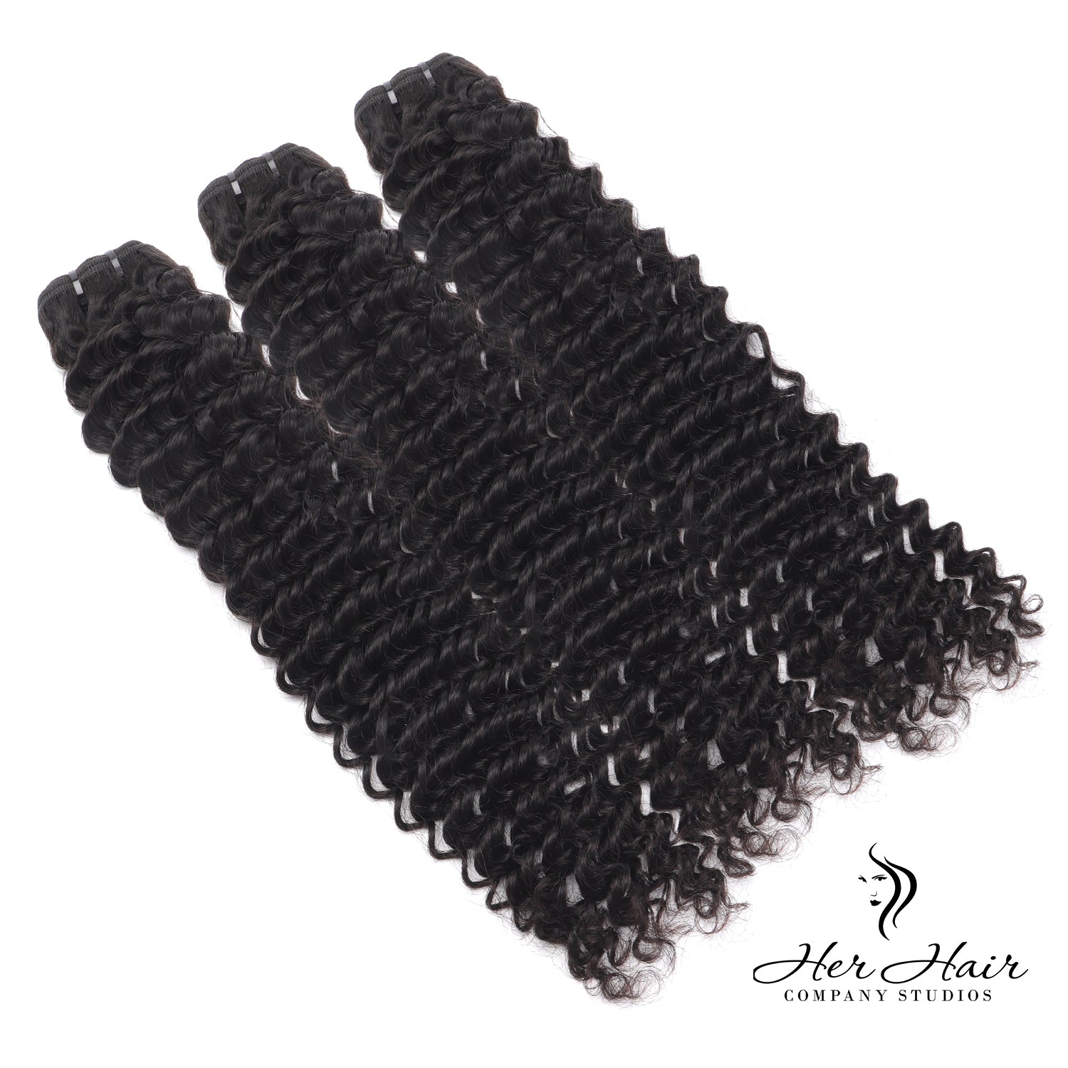 Three bundles of Burmese raw deep curly hair from Her Hair Company, showcasing thick, natural deep curly hair extensions.