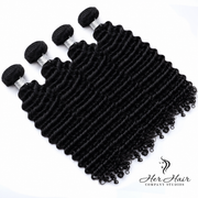 Brazilian Deep Curly Hair 4 Bundle Deal by Her Hair Company showing four bundles in natural deep curly texture.