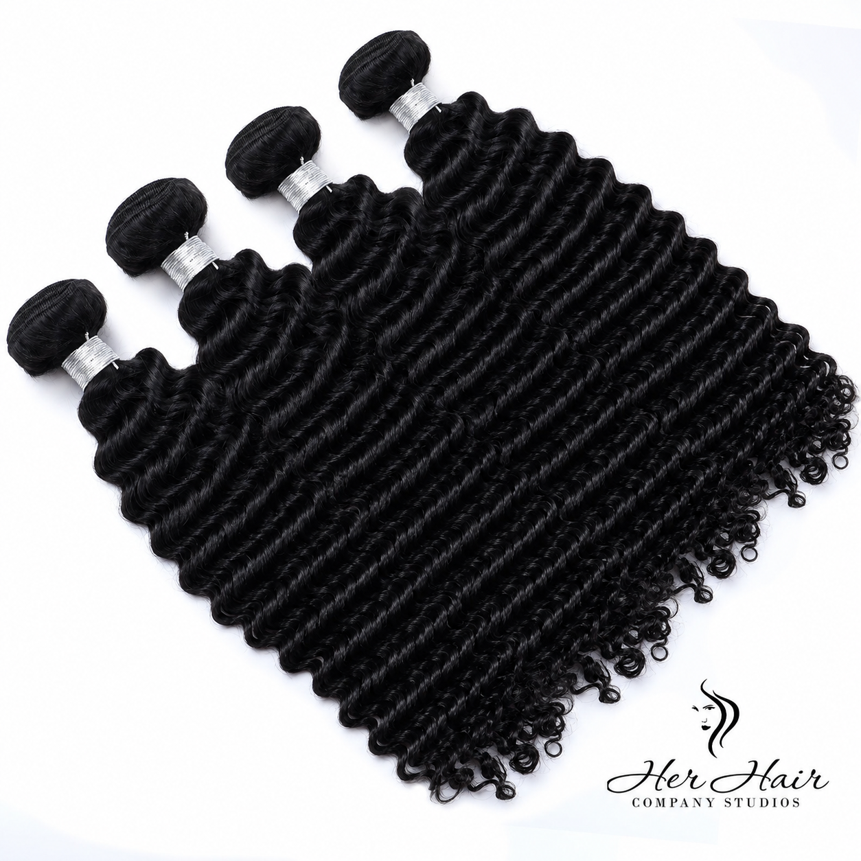Brazilian Deep Curly Hair 4 Bundle Deal by Her Hair Company showing four bundles in natural deep curly texture.