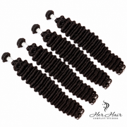 Brazilian Deep Wave Hair 4 Bundle Deal by Her Hair Company featuring 12, 14, 16, and 18-inch bundles with deep wave texture