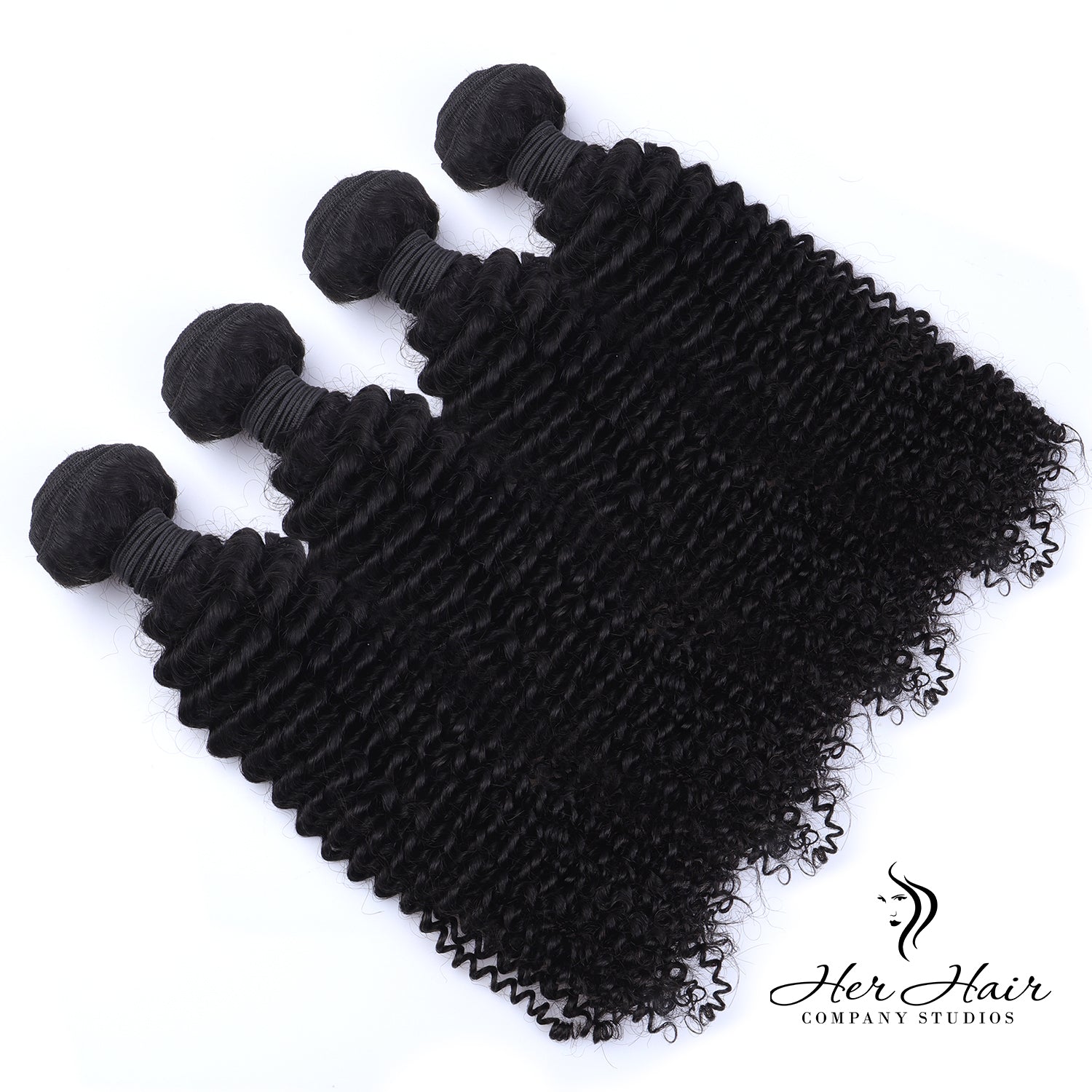 Brazilian Kinky Curly Hair 4 Bundle Deal from Her Hair Company, showing natural kinky curly hair bundles arranged together.