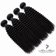 Brazilian kinky curly hair bundles from Her Hair Company, four bundle deal with 12, 14, 16, and 18-inch hair extensions.